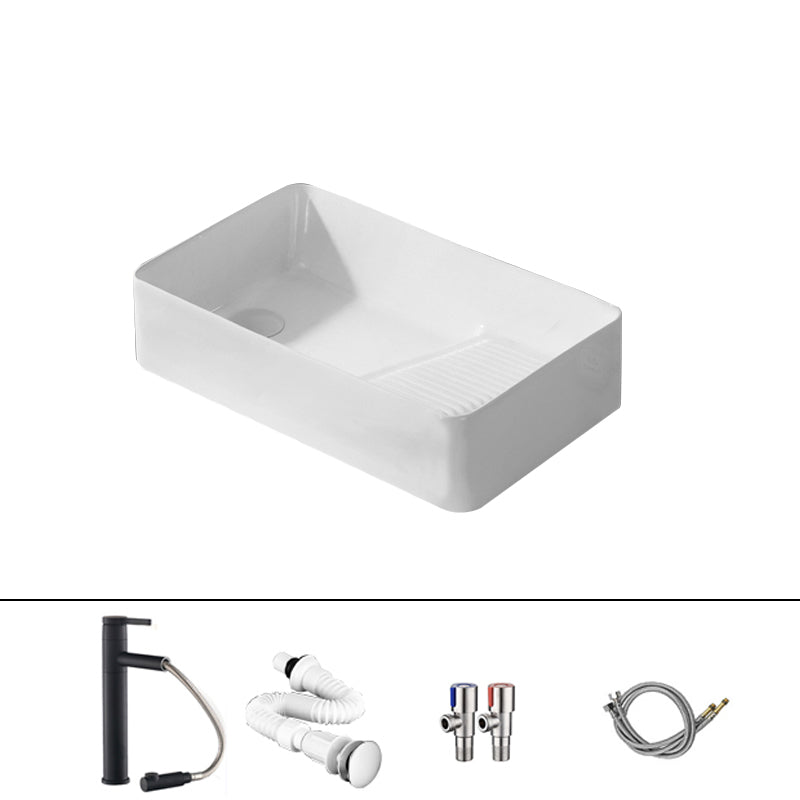 Traditional Vessel Bathroom Sink Rectangular Porcelain with Pop-Up Drain Vessel 22"L X 13"W X 5"H (Right Washboard) White Sink with Faucet Clearhalo 'Bathroom Remodel & Bathroom Fixtures' 'Bathroom Sinks & Faucet Components' 'Bathroom Sinks' 'bathroom_sink' 'Home Improvement' 'home_improvement' 'home_improvement_bathroom_sink' 7133541
