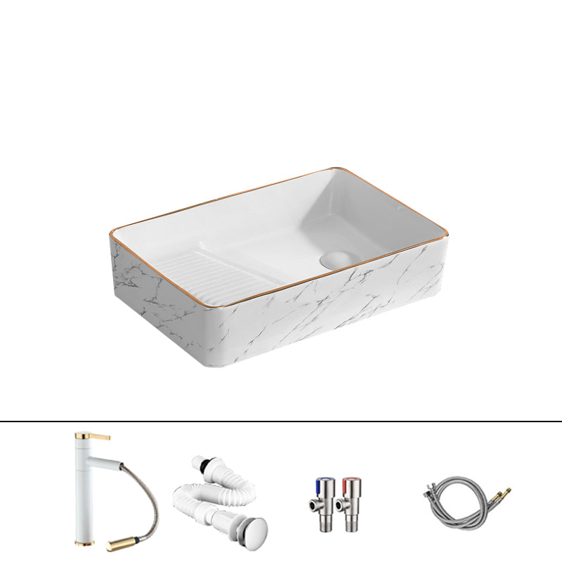 Traditional Vessel Bathroom Sink Rectangular Porcelain with Pop-Up Drain Vessel 20"L x 13"W x 5"H White/ Gold Sink with Faucet Clearhalo 'Bathroom Remodel & Bathroom Fixtures' 'Bathroom Sinks & Faucet Components' 'Bathroom Sinks' 'bathroom_sink' 'Home Improvement' 'home_improvement' 'home_improvement_bathroom_sink' 7133542