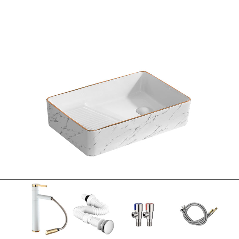 Traditional Vessel Bathroom Sink Rectangular Porcelain with Pop-Up Drain Vessel 20"L x 13"W x 5"H White Gold Sink with Faucet Clearhalo 'Bathroom Remodel & Bathroom Fixtures' 'Bathroom Sinks & Faucet Components' 'Bathroom Sinks' 'bathroom_sink' 'Home Improvement' 'home_improvement' 'home_improvement_bathroom_sink' 7133542