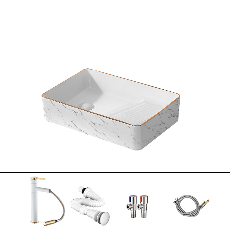 Traditional Vessel Bathroom Sink Rectangular Porcelain with Pop-Up Drain Vessel 20"L X 13"W X 5"H (Right Washboard) White/ Gold Sink with Faucet Clearhalo 'Bathroom Remodel & Bathroom Fixtures' 'Bathroom Sinks & Faucet Components' 'Bathroom Sinks' 'bathroom_sink' 'Home Improvement' 'home_improvement' 'home_improvement_bathroom_sink' 7133543