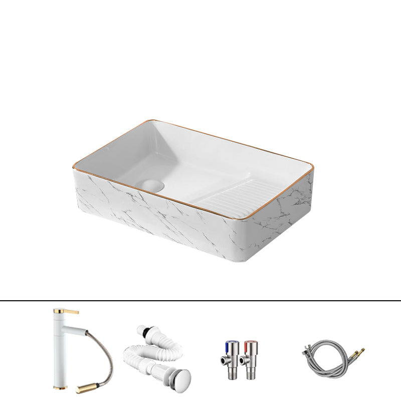 Traditional Vessel Bathroom Sink Rectangular Porcelain with Pop-Up Drain Vessel 20"L X 13"W X 5"H (Right Washboard) White Gold Sink with Faucet Clearhalo 'Bathroom Remodel & Bathroom Fixtures' 'Bathroom Sinks & Faucet Components' 'Bathroom Sinks' 'bathroom_sink' 'Home Improvement' 'home_improvement' 'home_improvement_bathroom_sink' 7133543