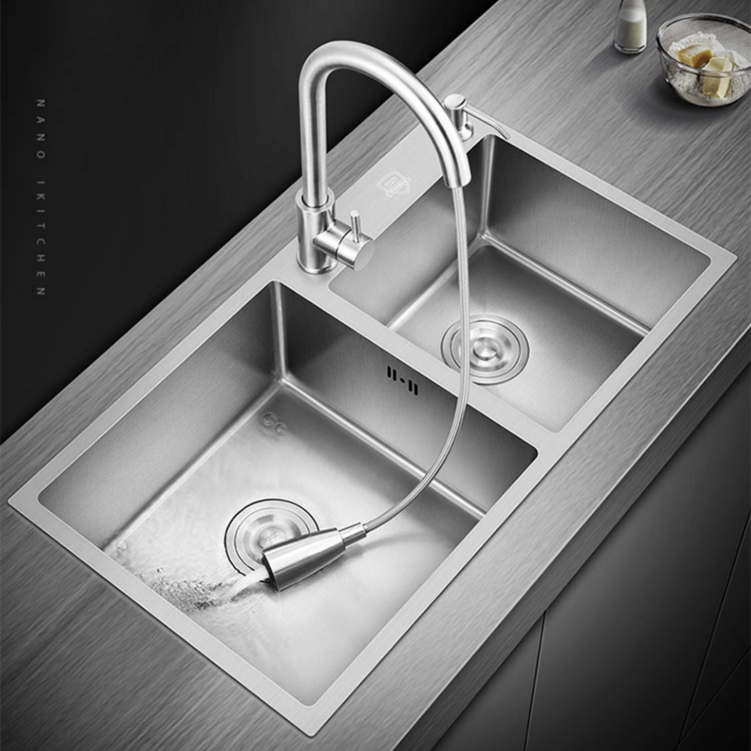 Modern Style Kitchen Sink Overflow Hole Design Drop-In Kitchen Sink 28"L x 16"W x 8"H Sink with Faucet Pull Out Faucet Clearhalo 'Home Improvement' 'home_improvement' 'home_improvement_kitchen_sinks' 'Kitchen Remodel & Kitchen Fixtures' 'Kitchen Sinks & Faucet Components' 'Kitchen Sinks' 'kitchen_sinks' 7134225