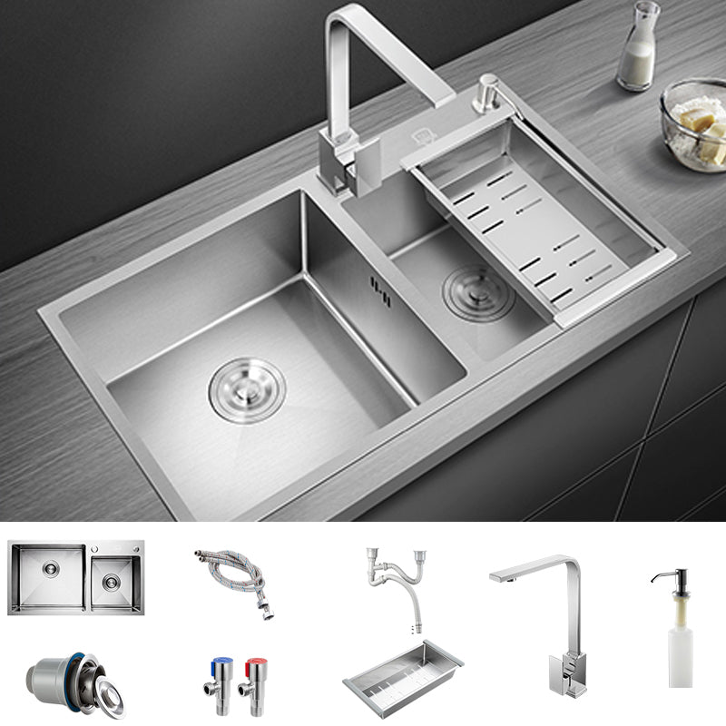 Modern Style Kitchen Sink Overflow Hole Design Drop-In Kitchen Sink Sink with Faucet Square Faucet Clearhalo 'Home Improvement' 'home_improvement' 'home_improvement_kitchen_sinks' 'Kitchen Remodel & Kitchen Fixtures' 'Kitchen Sinks & Faucet Components' 'Kitchen Sinks' 'kitchen_sinks' 7134227