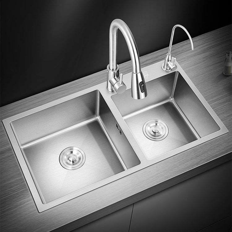 Modern Style Kitchen Sink Overflow Hole Design Drop-In Kitchen Sink 28"L x 16"W x 8"H Sink with Faucet Pulling Faucet & Water Purification Faucet Clearhalo 'Home Improvement' 'home_improvement' 'home_improvement_kitchen_sinks' 'Kitchen Remodel & Kitchen Fixtures' 'Kitchen Sinks & Faucet Components' 'Kitchen Sinks' 'kitchen_sinks' 7134228