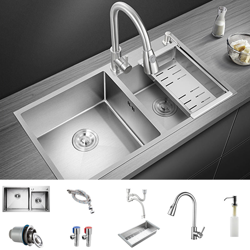 Modern Style Kitchen Sink Overflow Hole Design Drop-In Kitchen Sink Sink with Faucet Pull Out Faucet Clearhalo 'Home Improvement' 'home_improvement' 'home_improvement_kitchen_sinks' 'Kitchen Remodel & Kitchen Fixtures' 'Kitchen Sinks & Faucet Components' 'Kitchen Sinks' 'kitchen_sinks' 7134231