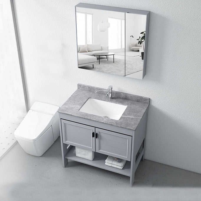 Grey Freestanding Vanity Metal Frame Glam Single Sink Shelving Included Vanity Clearhalo 'Bathroom Remodel & Bathroom Fixtures' 'Bathroom Vanities' 'bathroom_vanities' 'Home Improvement' 'home_improvement' 'home_improvement_bathroom_vanities' 7145124