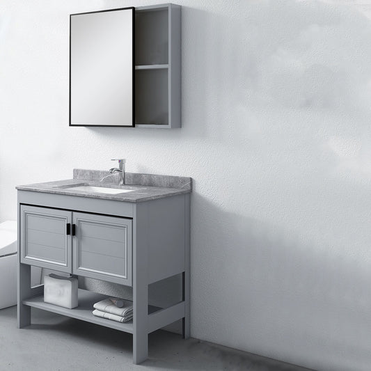 Grey Freestanding Vanity Metal Frame Glam Single Sink Shelving Included Vanity Clearhalo 'Bathroom Remodel & Bathroom Fixtures' 'Bathroom Vanities' 'bathroom_vanities' 'Home Improvement' 'home_improvement' 'home_improvement_bathroom_vanities' 7145127