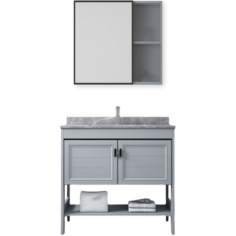Grey Freestanding Vanity Metal Frame Glam Single Sink Shelving Included Vanity Clearhalo 'Bathroom Remodel & Bathroom Fixtures' 'Bathroom Vanities' 'bathroom_vanities' 'Home Improvement' 'home_improvement' 'home_improvement_bathroom_vanities' 7145133