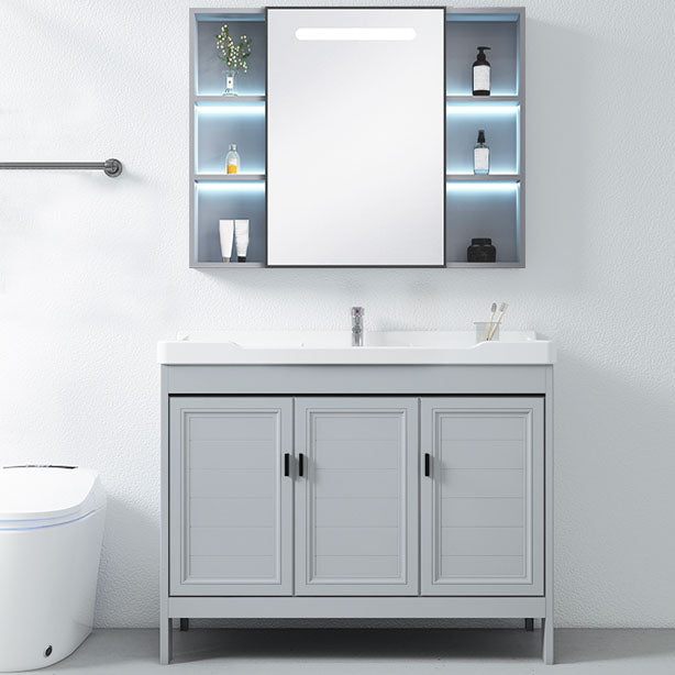 Vanity Glam Mirror Single Sink Metal Frame Freestanding Grey Faucet Vanity with Doors Clearhalo 'Bathroom Remodel & Bathroom Fixtures' 'Bathroom Vanities' 'bathroom_vanities' 'Home Improvement' 'home_improvement' 'home_improvement_bathroom_vanities' 7145183
