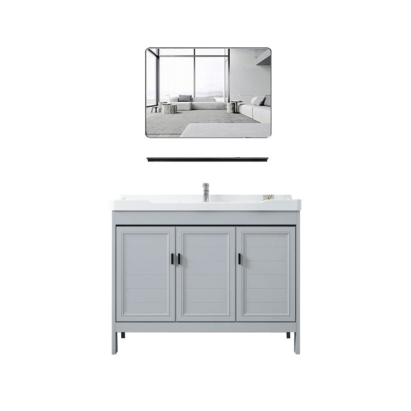 Vanity Glam Mirror Single Sink Metal Frame Freestanding Grey Faucet Vanity with Doors Vanity & Faucet & Mirrors Clearhalo 'Bathroom Remodel & Bathroom Fixtures' 'Bathroom Vanities' 'bathroom_vanities' 'Home Improvement' 'home_improvement' 'home_improvement_bathroom_vanities' 7145184