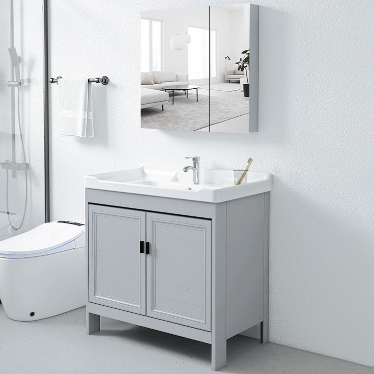 Vanity Glam Mirror Single Sink Metal Frame Freestanding Grey Faucet Vanity with Doors Clearhalo 'Bathroom Remodel & Bathroom Fixtures' 'Bathroom Vanities' 'bathroom_vanities' 'Home Improvement' 'home_improvement' 'home_improvement_bathroom_vanities' 7145185