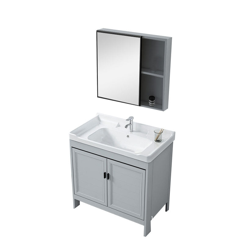 Vanity Glam Mirror Single Sink Metal Frame Freestanding Grey Faucet Vanity with Doors Vanity & Faucet & Mirror Cabinet Clearhalo 'Bathroom Remodel & Bathroom Fixtures' 'Bathroom Vanities' 'bathroom_vanities' 'Home Improvement' 'home_improvement' 'home_improvement_bathroom_vanities' 7145186