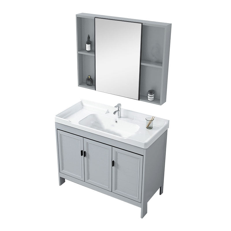 Vanity Glam Mirror Single Sink Metal Frame Freestanding Grey Faucet Vanity with Doors Vanity & Faucet & Mirror Cabinet Clearhalo 'Bathroom Remodel & Bathroom Fixtures' 'Bathroom Vanities' 'bathroom_vanities' 'Home Improvement' 'home_improvement' 'home_improvement_bathroom_vanities' 7145187