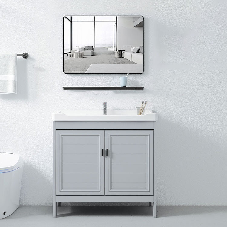 Vanity Glam Mirror Single Sink Metal Frame Freestanding Grey Faucet Vanity with Doors Clearhalo 'Bathroom Remodel & Bathroom Fixtures' 'Bathroom Vanities' 'bathroom_vanities' 'Home Improvement' 'home_improvement' 'home_improvement_bathroom_vanities' 7145188