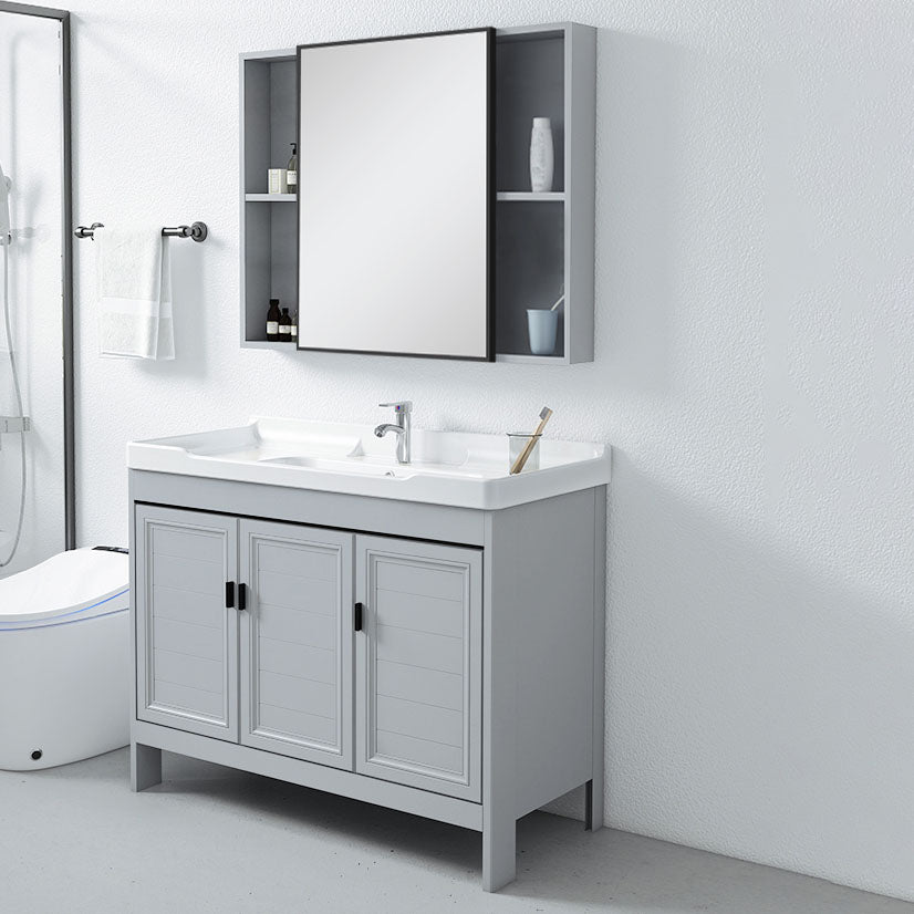 Vanity Glam Mirror Single Sink Metal Frame Freestanding Grey Faucet Vanity with Doors Clearhalo 'Bathroom Remodel & Bathroom Fixtures' 'Bathroom Vanities' 'bathroom_vanities' 'Home Improvement' 'home_improvement' 'home_improvement_bathroom_vanities' 7145190
