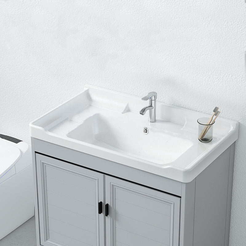 Vanity Glam Mirror Single Sink Metal Frame Freestanding Grey Faucet Vanity with Doors Clearhalo 'Bathroom Remodel & Bathroom Fixtures' 'Bathroom Vanities' 'bathroom_vanities' 'Home Improvement' 'home_improvement' 'home_improvement_bathroom_vanities' 7145194