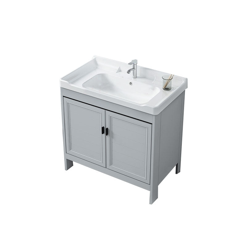 Vanity Glam Mirror Single Sink Metal Frame Freestanding Grey Faucet Vanity with Doors Vanity & Faucet Clearhalo 'Bathroom Remodel & Bathroom Fixtures' 'Bathroom Vanities' 'bathroom_vanities' 'Home Improvement' 'home_improvement' 'home_improvement_bathroom_vanities' 7145195