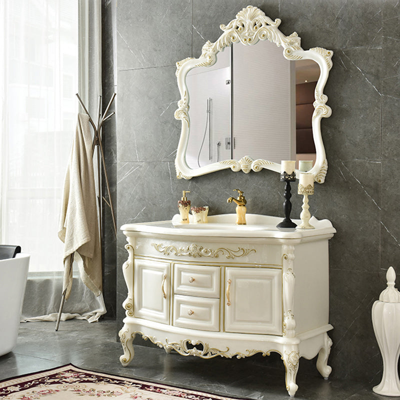 White Stone Bath Vanity 2 Drawers Rectangular Freestanding Single Sink Vanity with Mirror Vanity & Faucet & Mirrors Clearhalo 'Bathroom Remodel & Bathroom Fixtures' 'Bathroom Vanities' 'bathroom_vanities' 'Home Improvement' 'home_improvement' 'home_improvement_bathroom_vanities' 7145276