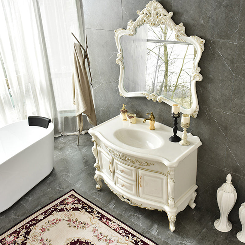White Stone Bath Vanity 2 Drawers Rectangular Freestanding Single Sink Vanity with Mirror Clearhalo 'Bathroom Remodel & Bathroom Fixtures' 'Bathroom Vanities' 'bathroom_vanities' 'Home Improvement' 'home_improvement' 'home_improvement_bathroom_vanities' 7145278