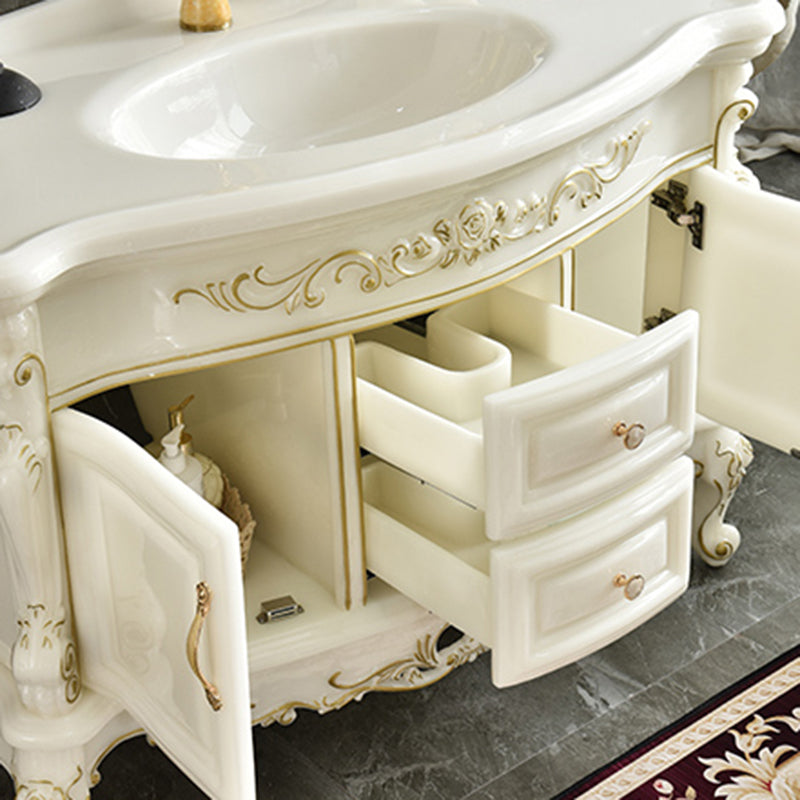 White Stone Bath Vanity 2 Drawers Rectangular Freestanding Single Sink Vanity with Mirror Clearhalo 'Bathroom Remodel & Bathroom Fixtures' 'Bathroom Vanities' 'bathroom_vanities' 'Home Improvement' 'home_improvement' 'home_improvement_bathroom_vanities' 7145282