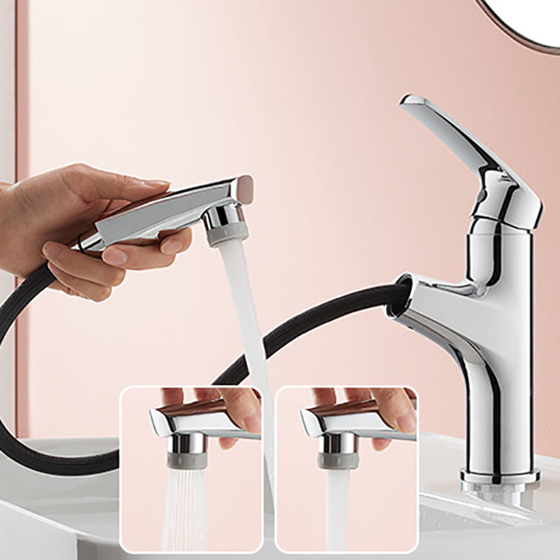 Modern Vessel Sink Faucet Lever Handle Low Arc with Pull Out Sprayer Silver Clearhalo 'Bathroom Remodel & Bathroom Fixtures' 'Bathroom Sink Faucets' 'Bathroom Sinks & Faucet Components' 'bathroom_sink_faucets' 'Home Improvement' 'home_improvement' 'home_improvement_bathroom_sink_faucets' 7147044