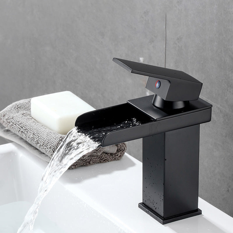 Basin Lavatory Faucet Lever Handle Waterfall Spout Bathroom Faucet Black 7" Led Lights Not Included Clearhalo 'Bathroom Remodel & Bathroom Fixtures' 'Bathroom Sink Faucets' 'Bathroom Sinks & Faucet Components' 'bathroom_sink_faucets' 'Home Improvement' 'home_improvement' 'home_improvement_bathroom_sink_faucets' 7147201