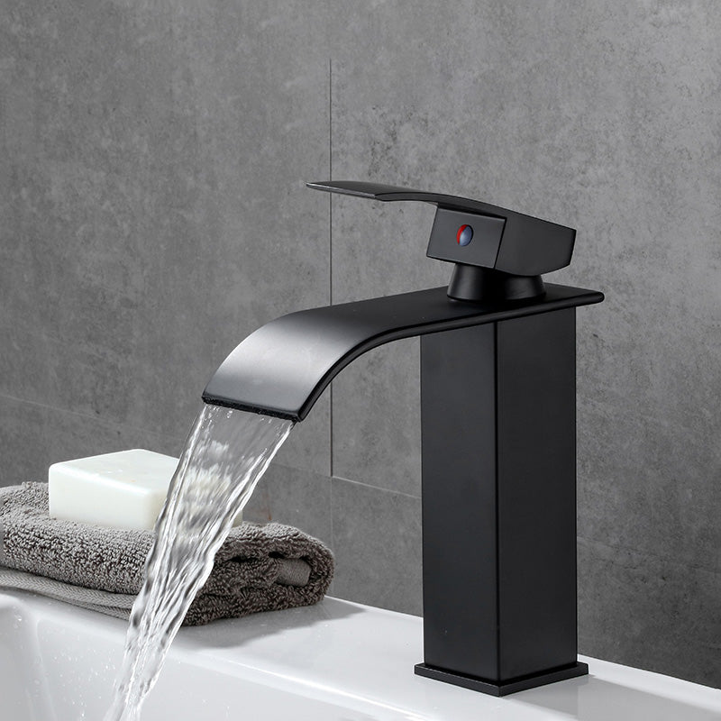 Basin Lavatory Faucet Lever Handle Waterfall Spout Bathroom Faucet Black 6.9" Led Lights Not Included Clearhalo 'Bathroom Remodel & Bathroom Fixtures' 'Bathroom Sink Faucets' 'Bathroom Sinks & Faucet Components' 'bathroom_sink_faucets' 'Home Improvement' 'home_improvement' 'home_improvement_bathroom_sink_faucets' 7147211