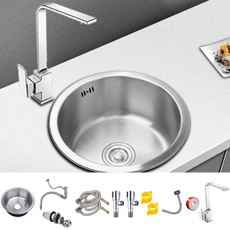Round Kitchen Sink Stainless Steel Drop-In Basket Strainer Kitchen Sink with Faucet Sink with Faucet Square Faucet Clearhalo 'Home Improvement' 'home_improvement' 'home_improvement_kitchen_sinks' 'Kitchen Remodel & Kitchen Fixtures' 'Kitchen Sinks & Faucet Components' 'Kitchen Sinks' 'kitchen_sinks' 7147456