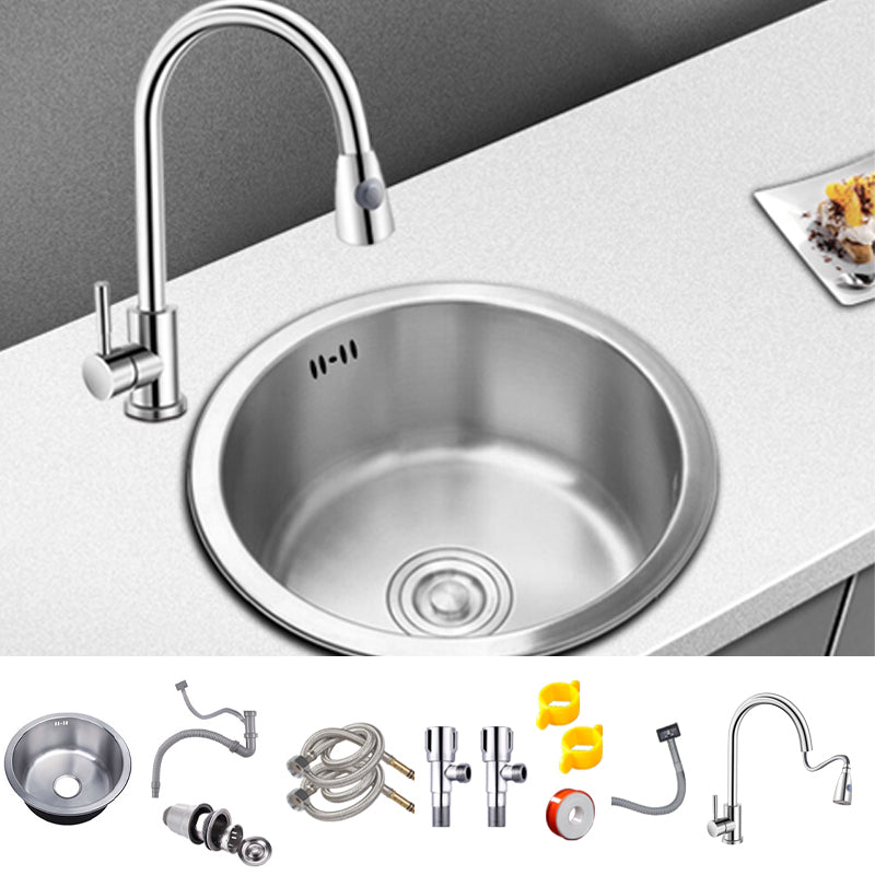 Round Kitchen Sink Stainless Steel Drop-In Basket Strainer Kitchen Sink with Faucet Sink with Faucet Pull Out Faucet Clearhalo 'Home Improvement' 'home_improvement' 'home_improvement_kitchen_sinks' 'Kitchen Remodel & Kitchen Fixtures' 'Kitchen Sinks & Faucet Components' 'Kitchen Sinks' 'kitchen_sinks' 7147458