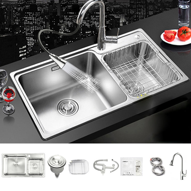 Stainless Steel Kitchen Double Sink Drop-In Kitchen Sink with Drain Assembly Sink with Faucet Pull Out Faucet Clearhalo 'Home Improvement' 'home_improvement' 'home_improvement_kitchen_sinks' 'Kitchen Remodel & Kitchen Fixtures' 'Kitchen Sinks & Faucet Components' 'Kitchen Sinks' 'kitchen_sinks' 7147558