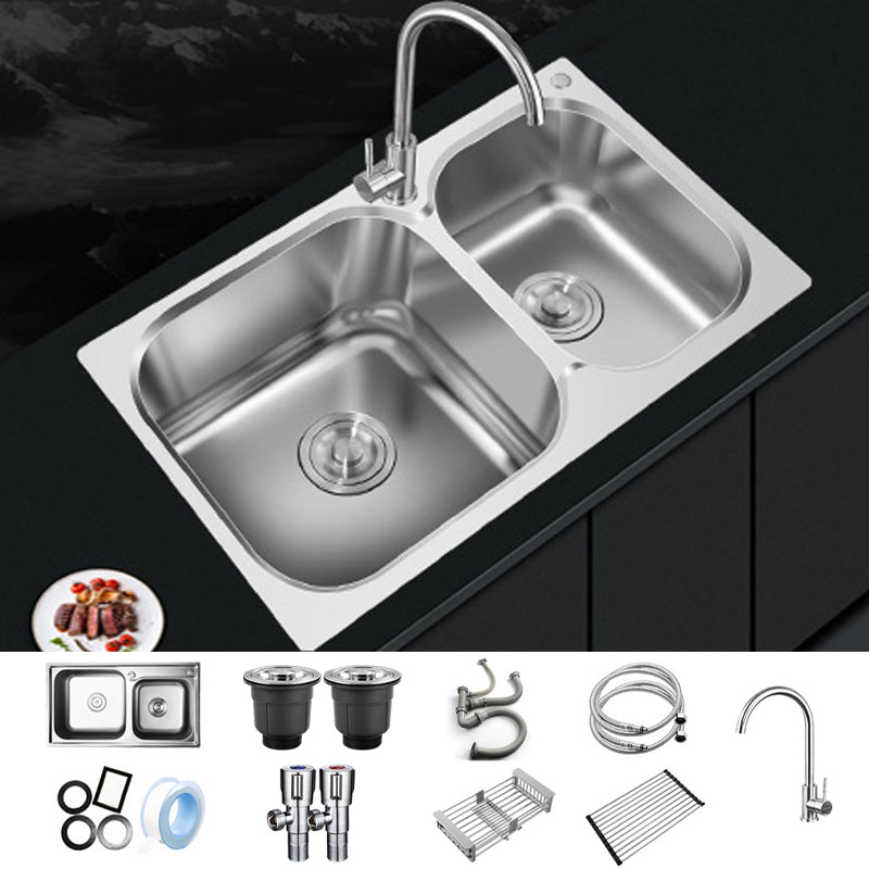 Contemporary Style Kitchen Sink Stainless Steel Kitchen Double Sink with Soundproofing 30"L x 17"W x 8"H Sink with Faucet Round Faucet Clearhalo 'Home Improvement' 'home_improvement' 'home_improvement_kitchen_sinks' 'Kitchen Remodel & Kitchen Fixtures' 'Kitchen Sinks & Faucet Components' 'Kitchen Sinks' 'kitchen_sinks' 7147626