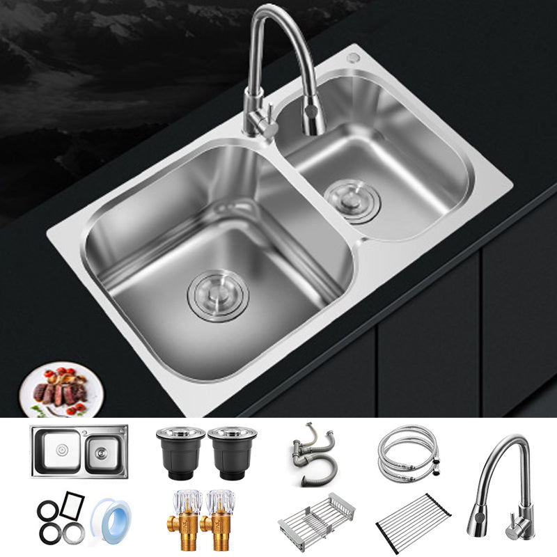 Contemporary Style Kitchen Sink Stainless Steel Kitchen Double Sink with Soundproofing 30"L x 17"W x 8"H Sink with Faucet Pull Out Faucet Clearhalo 'Home Improvement' 'home_improvement' 'home_improvement_kitchen_sinks' 'Kitchen Remodel & Kitchen Fixtures' 'Kitchen Sinks & Faucet Components' 'Kitchen Sinks' 'kitchen_sinks' 7147628