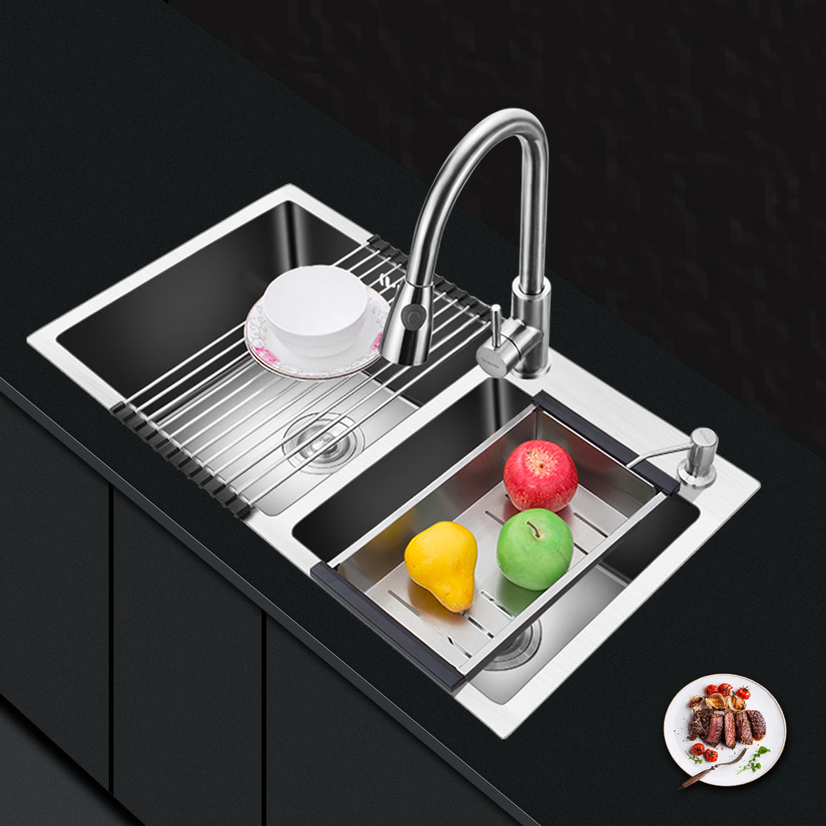 Modern Style Kitchen Sink Drop-In Kitchen Double Sink with Soundproofing Clearhalo 'Home Improvement' 'home_improvement' 'home_improvement_kitchen_sinks' 'Kitchen Remodel & Kitchen Fixtures' 'Kitchen Sinks & Faucet Components' 'Kitchen Sinks' 'kitchen_sinks' 7147647