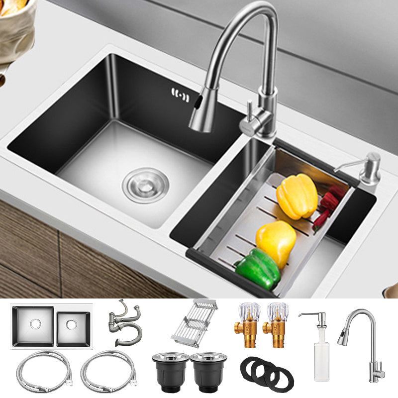 Modern Style Kitchen Sink Drop-In Kitchen Double Sink with Soundproofing Sink with Faucet Pull Out Faucet Clearhalo 'Home Improvement' 'home_improvement' 'home_improvement_kitchen_sinks' 'Kitchen Remodel & Kitchen Fixtures' 'Kitchen Sinks & Faucet Components' 'Kitchen Sinks' 'kitchen_sinks' 7147648