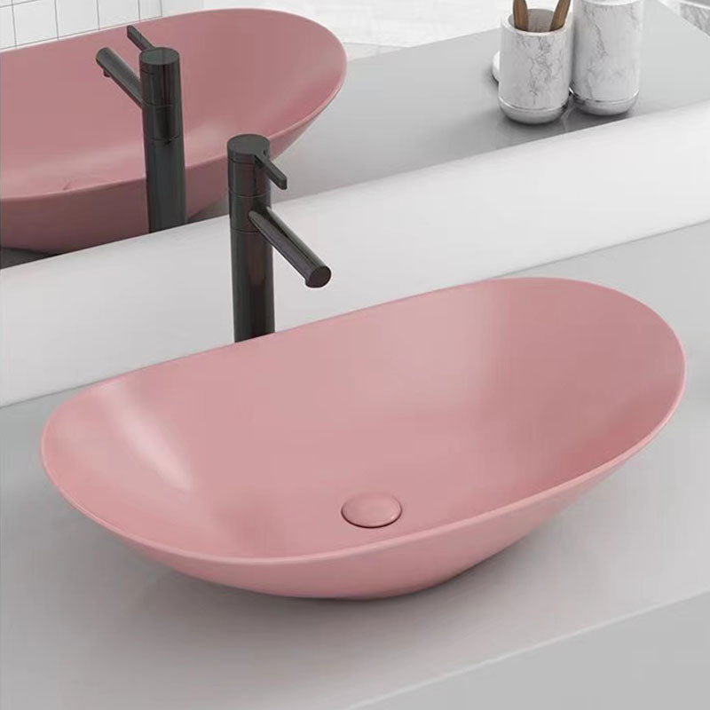 Modern Vessel Bathroom Sink Oval-shape Porcelain Vessel Lavatory Sink Pink Pull Out Faucet Sink with Faucet Clearhalo 'Bathroom Remodel & Bathroom Fixtures' 'Bathroom Sinks & Faucet Components' 'Bathroom Sinks' 'bathroom_sink' 'Home Improvement' 'home_improvement' 'home_improvement_bathroom_sink' 7147814