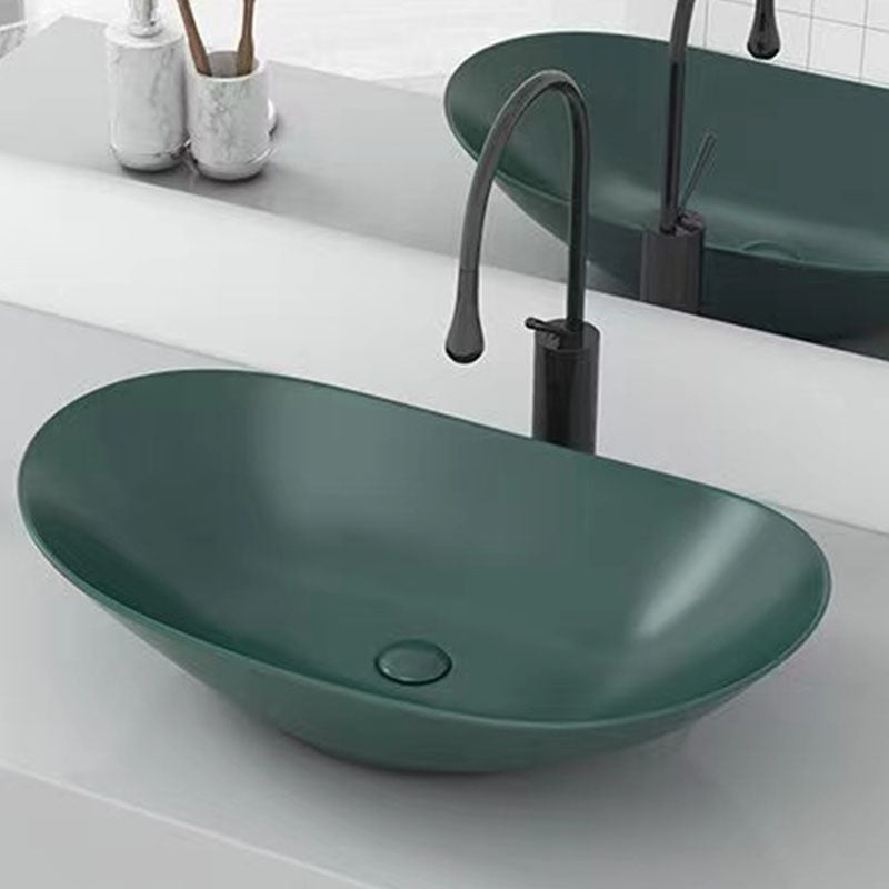 Modern Vessel Bathroom Sink Oval-shape Porcelain Vessel Lavatory Sink Green Droplet Faucet Sink with Faucet Clearhalo 'Bathroom Remodel & Bathroom Fixtures' 'Bathroom Sinks & Faucet Components' 'Bathroom Sinks' 'bathroom_sink' 'Home Improvement' 'home_improvement' 'home_improvement_bathroom_sink' 7147818