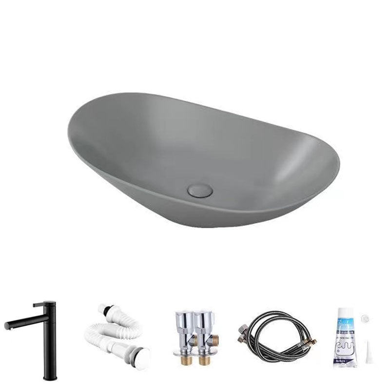 Modern Vessel Bathroom Sink Oval-shape Porcelain Vessel Lavatory Sink Grey Pull Out Faucet Sink with Faucet Clearhalo 'Bathroom Remodel & Bathroom Fixtures' 'Bathroom Sinks & Faucet Components' 'Bathroom Sinks' 'bathroom_sink' 'Home Improvement' 'home_improvement' 'home_improvement_bathroom_sink' 7147827