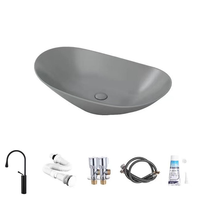 Modern Vessel Bathroom Sink Oval-shape Porcelain Vessel Lavatory Sink Grey Droplet Faucet Sink with Faucet Clearhalo 'Bathroom Remodel & Bathroom Fixtures' 'Bathroom Sinks & Faucet Components' 'Bathroom Sinks' 'bathroom_sink' 'Home Improvement' 'home_improvement' 'home_improvement_bathroom_sink' 7147828