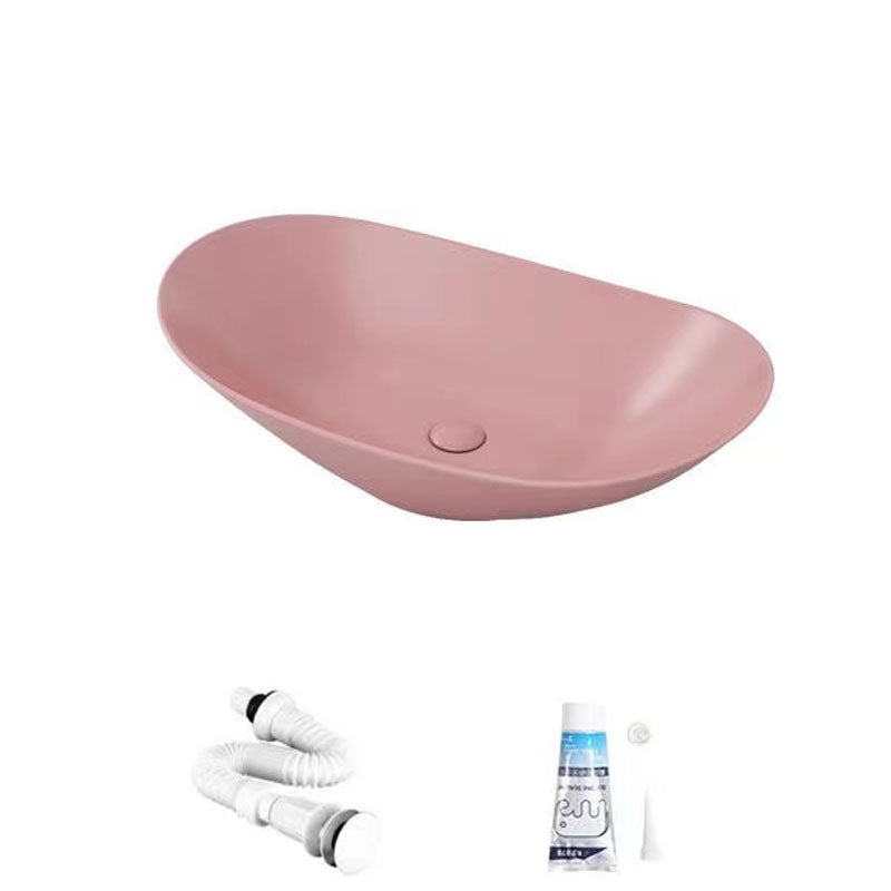 Modern Vessel Bathroom Sink Oval-shape Porcelain Vessel Lavatory Sink Pink Unavailiable Sink Clearhalo 'Bathroom Remodel & Bathroom Fixtures' 'Bathroom Sinks & Faucet Components' 'Bathroom Sinks' 'bathroom_sink' 'Home Improvement' 'home_improvement' 'home_improvement_bathroom_sink' 7147831