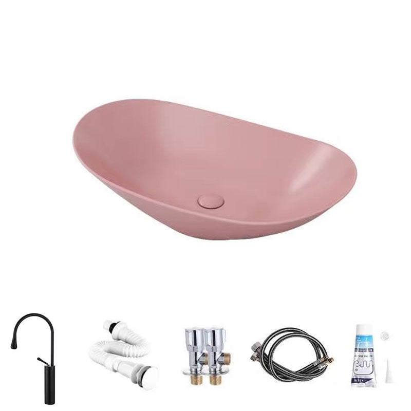 Modern Vessel Bathroom Sink Oval-shape Porcelain Vessel Lavatory Sink Pink Droplet Faucet Sink with Faucet Clearhalo 'Bathroom Remodel & Bathroom Fixtures' 'Bathroom Sinks & Faucet Components' 'Bathroom Sinks' 'bathroom_sink' 'Home Improvement' 'home_improvement' 'home_improvement_bathroom_sink' 7147832