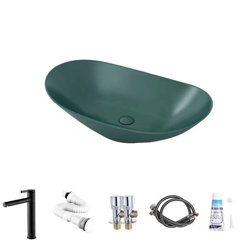Modern Vessel Bathroom Sink Oval-shape Porcelain Vessel Lavatory Sink Green Pull Out Faucet Sink with Faucet Clearhalo 'Bathroom Remodel & Bathroom Fixtures' 'Bathroom Sinks & Faucet Components' 'Bathroom Sinks' 'bathroom_sink' 'Home Improvement' 'home_improvement' 'home_improvement_bathroom_sink' 7147834
