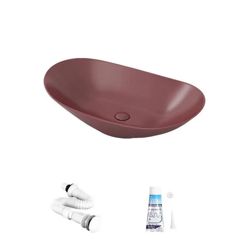 Modern Vessel Bathroom Sink Oval-shape Porcelain Vessel Lavatory Sink Claret Unavailiable Sink Clearhalo 'Bathroom Remodel & Bathroom Fixtures' 'Bathroom Sinks & Faucet Components' 'Bathroom Sinks' 'bathroom_sink' 'Home Improvement' 'home_improvement' 'home_improvement_bathroom_sink' 7147835