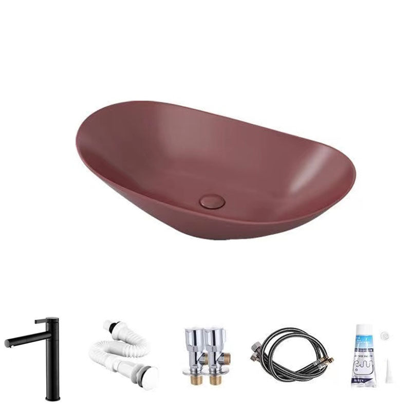 Modern Vessel Bathroom Sink Oval-shape Porcelain Vessel Lavatory Sink Claret Pull Out Faucet Sink with Faucet Clearhalo 'Bathroom Remodel & Bathroom Fixtures' 'Bathroom Sinks & Faucet Components' 'Bathroom Sinks' 'bathroom_sink' 'Home Improvement' 'home_improvement' 'home_improvement_bathroom_sink' 7147836