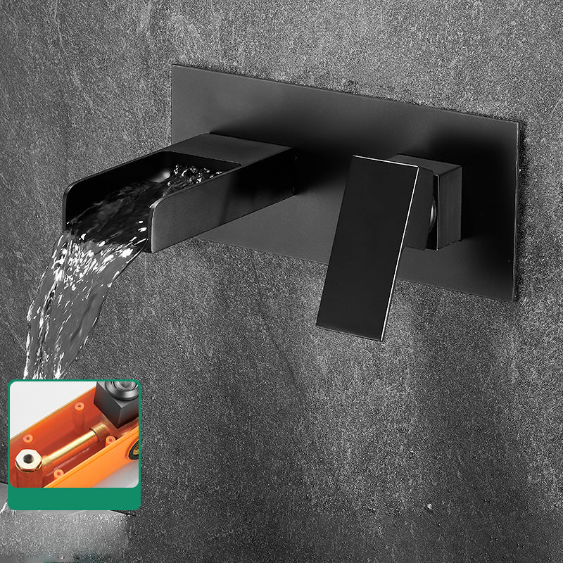 Modern Widespread Wall Mounted Bathroom Sink Faucet Lever Handle Low Arc Faucet Black Waterfall Comes Out Indicators Included Clearhalo 'Bathroom Remodel & Bathroom Fixtures' 'Bathroom Sink Faucets' 'Bathroom Sinks & Faucet Components' 'bathroom_sink_faucets' 'Home Improvement' 'home_improvement' 'home_improvement_bathroom_sink_faucets' 7147868