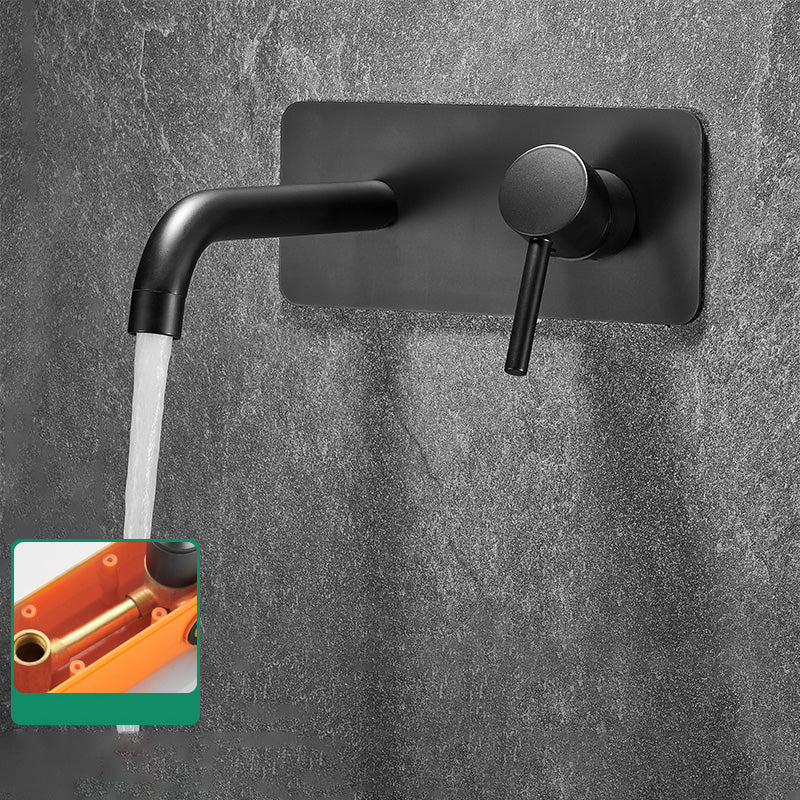 Modern Widespread Wall Mounted Bathroom Sink Faucet Lever Handle Low Arc Faucet Black Elbow Outlet Indicators Included Clearhalo 'Bathroom Remodel & Bathroom Fixtures' 'Bathroom Sink Faucets' 'Bathroom Sinks & Faucet Components' 'bathroom_sink_faucets' 'Home Improvement' 'home_improvement' 'home_improvement_bathroom_sink_faucets' 7147869