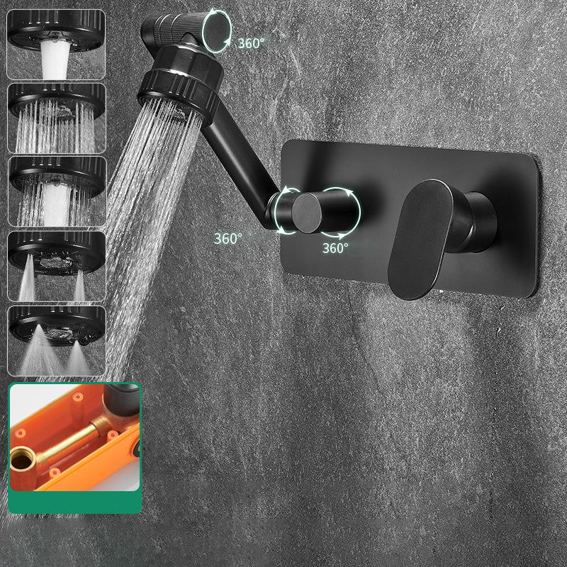 Modern Widespread Wall Mounted Bathroom Sink Faucet Lever Handle Low Arc Faucet Black Swivel Faucet Indicators Included Clearhalo 'Bathroom Remodel & Bathroom Fixtures' 'Bathroom Sink Faucets' 'Bathroom Sinks & Faucet Components' 'bathroom_sink_faucets' 'Home Improvement' 'home_improvement' 'home_improvement_bathroom_sink_faucets' 7147871