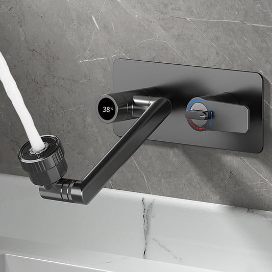 Modern Widespread Wall Mounted Bathroom Sink Faucet Lever Handle Low Arc Faucet Clearhalo 'Bathroom Remodel & Bathroom Fixtures' 'Bathroom Sink Faucets' 'Bathroom Sinks & Faucet Components' 'bathroom_sink_faucets' 'Home Improvement' 'home_improvement' 'home_improvement_bathroom_sink_faucets' 7147872
