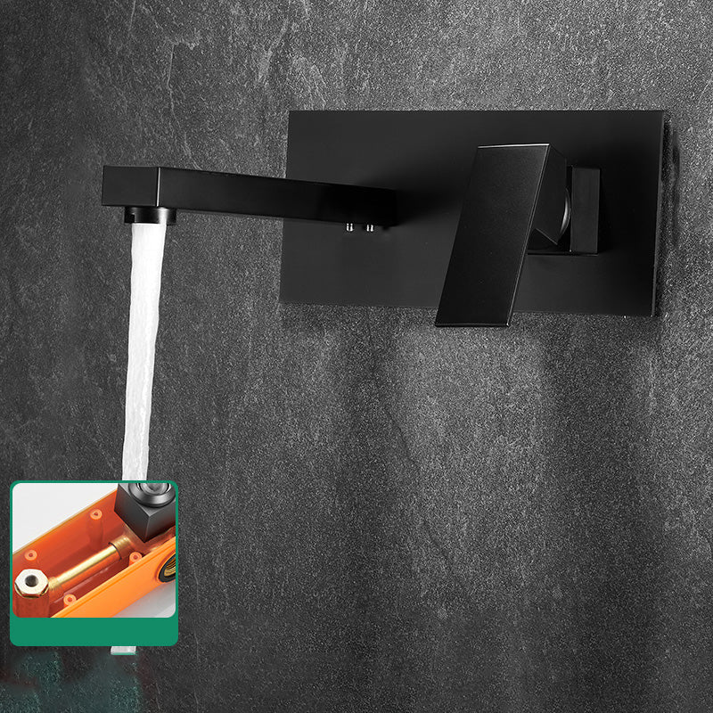 Modern Widespread Wall Mounted Bathroom Sink Faucet Lever Handle Low Arc Faucet Black Square Faucet Indicators Included Clearhalo 'Bathroom Remodel & Bathroom Fixtures' 'Bathroom Sink Faucets' 'Bathroom Sinks & Faucet Components' 'bathroom_sink_faucets' 'Home Improvement' 'home_improvement' 'home_improvement_bathroom_sink_faucets' 7147873
