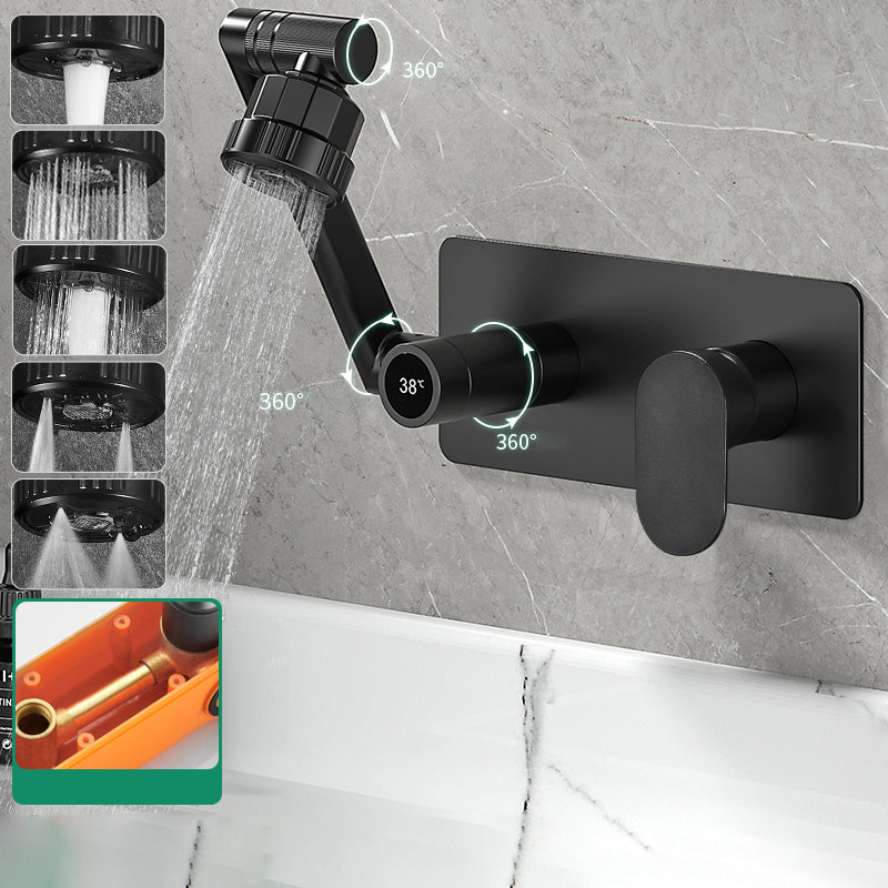 Modern Widespread Wall Mounted Bathroom Sink Faucet Lever Handle Low Arc Faucet Black Swivel Faucet ( Digital Display Included) Indicators Included Clearhalo 'Bathroom Remodel & Bathroom Fixtures' 'Bathroom Sink Faucets' 'Bathroom Sinks & Faucet Components' 'bathroom_sink_faucets' 'Home Improvement' 'home_improvement' 'home_improvement_bathroom_sink_faucets' 7147877