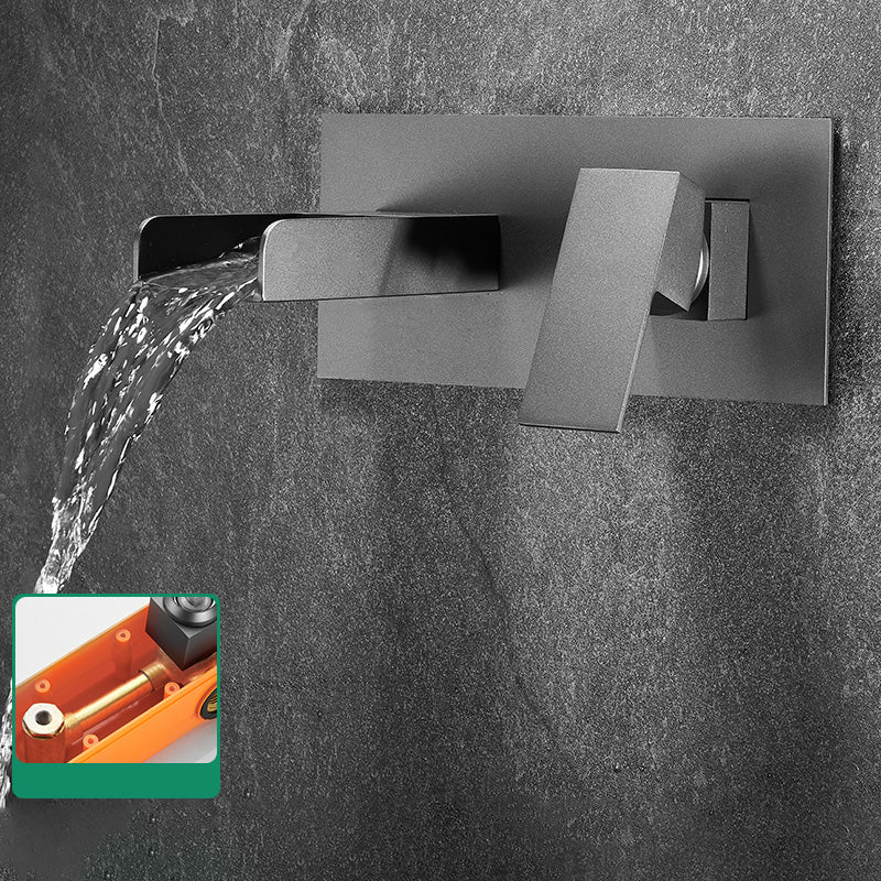Modern Widespread Wall Mounted Bathroom Sink Faucet Lever Handle Low Arc Faucet Grey Waterfall Comes Out Indicators Included Clearhalo 'Bathroom Remodel & Bathroom Fixtures' 'Bathroom Sink Faucets' 'Bathroom Sinks & Faucet Components' 'bathroom_sink_faucets' 'Home Improvement' 'home_improvement' 'home_improvement_bathroom_sink_faucets' 7147880